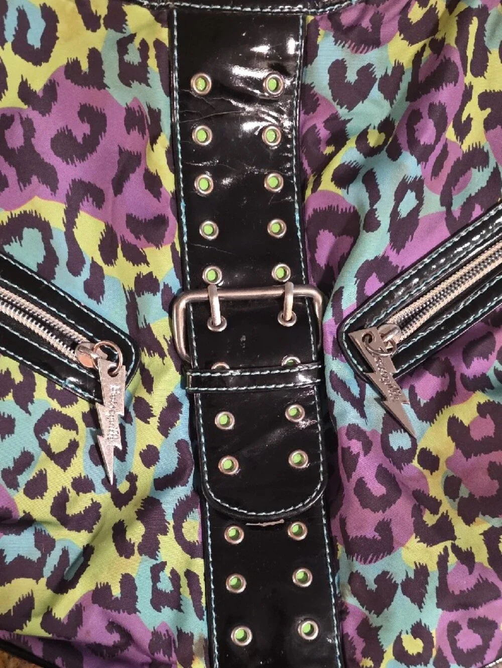 Betseyville Betsey Johnso Purple Multi Leopard Print Hobo with Black Patent Trim